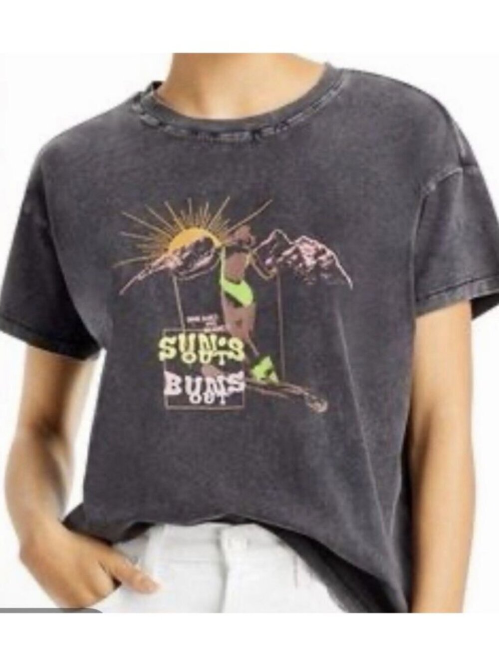 Paige Jeans Women’s Black Wash Short Sleeve Tee Shirt Suns Out Buns Out Medium